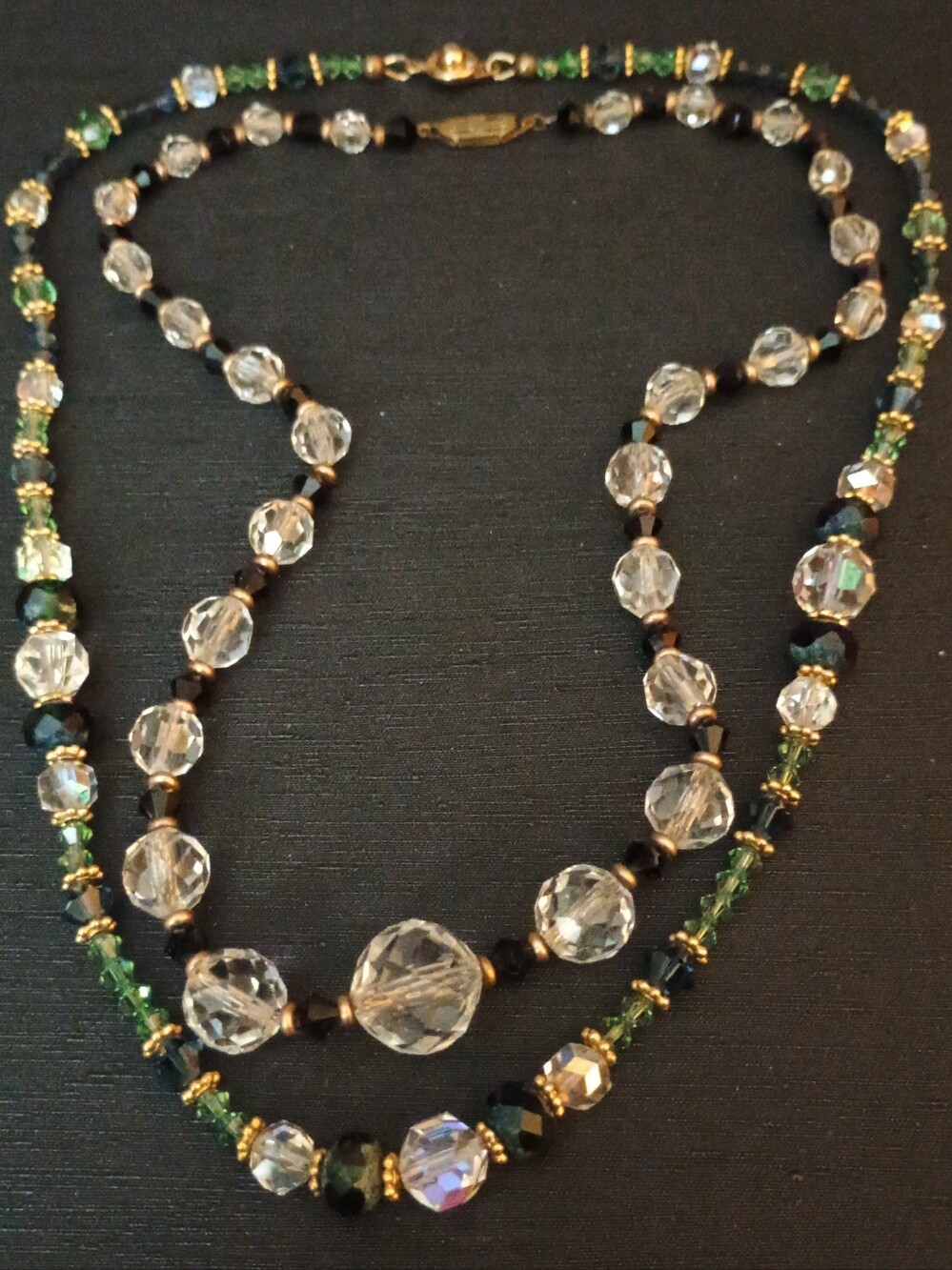 Crystal and Emerald Beaded Layered Necklace - Clear and Green